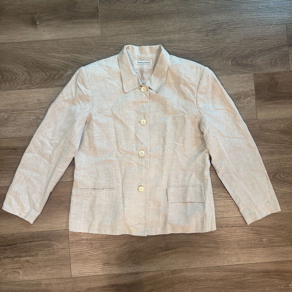 Stephanie Andrews Blazer Jacket Women Size Large Beige Linen‎ Look Button Front